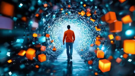 a man walking through a tunnel of cubes in the middle of a tunnel