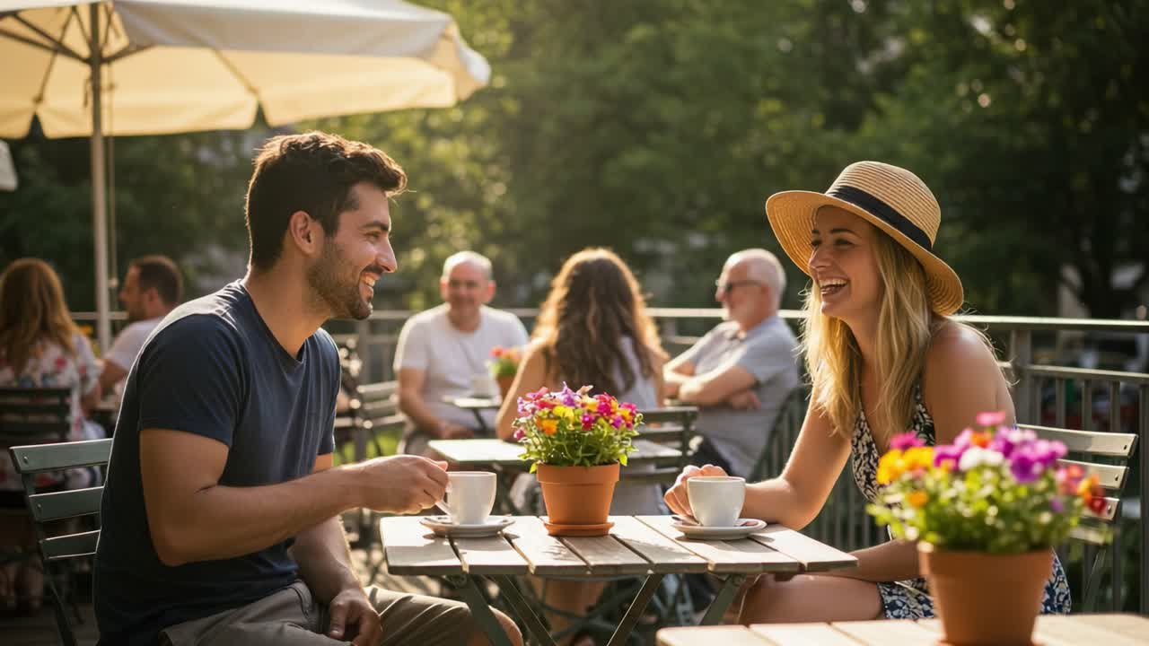 Couple enjoying coffee and conversation at an outdoor cafe