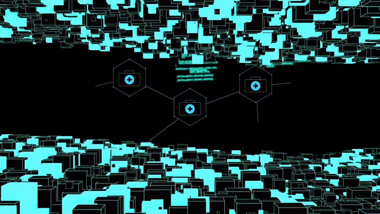 Animation of medical icons and data processing on black background