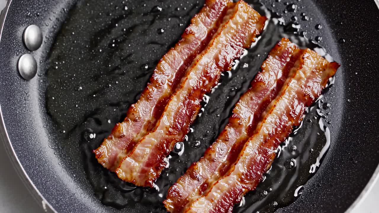 Ripresa video dall'alto di strisce di bacon sfrigolanti in una padella, che mette in risalto la texture e la lucentezza.