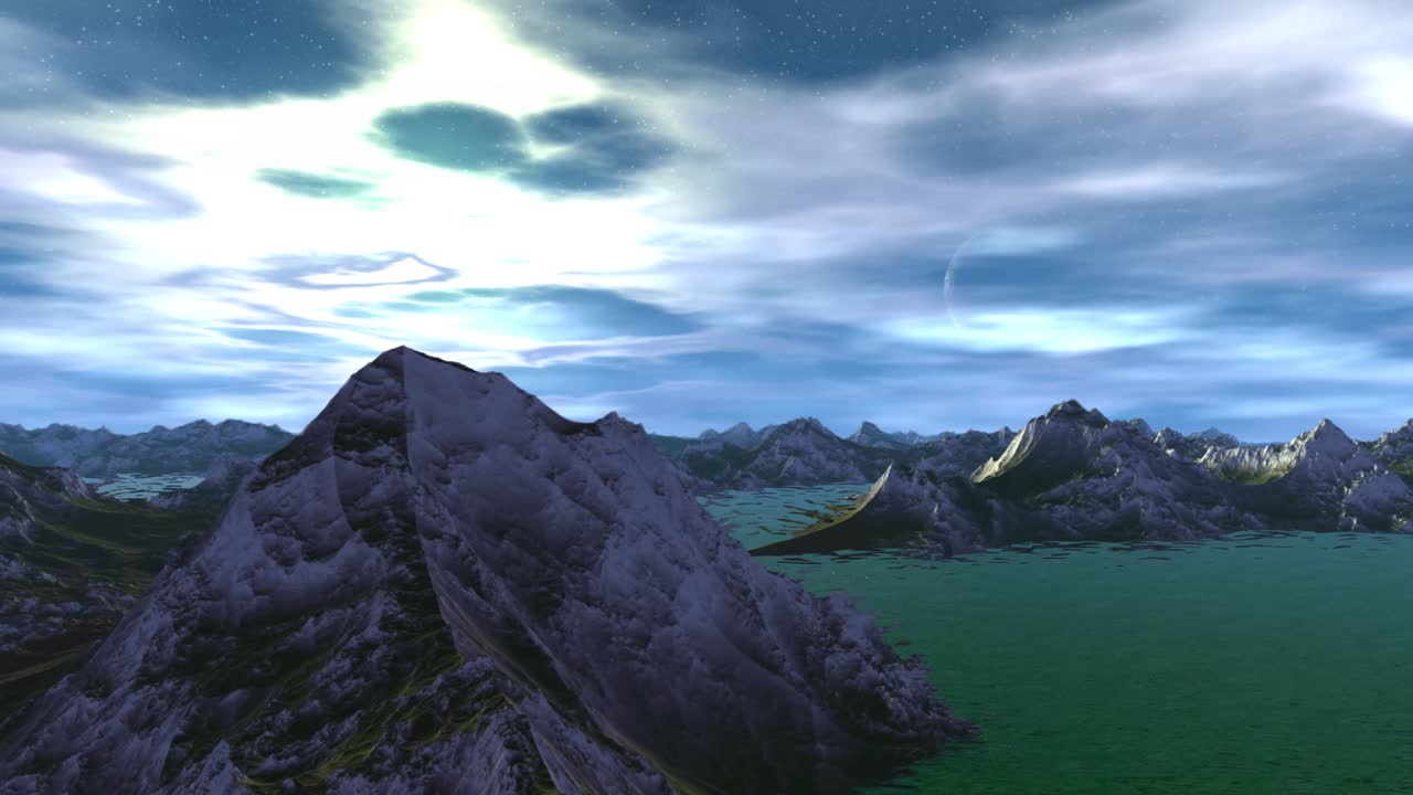 외계인 행성, 산과 물, 애니메이션, 파노라마, 4k