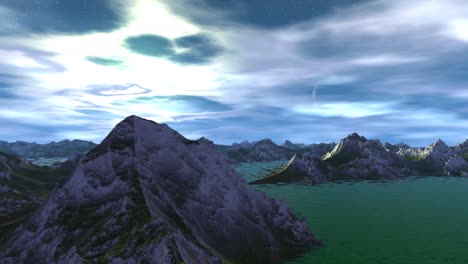planeta alienígena. montaña y agua. animación. panorama. 4k