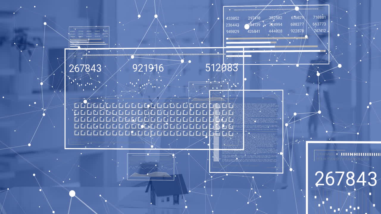 Animation of data processing and network of connections over office desk with house model