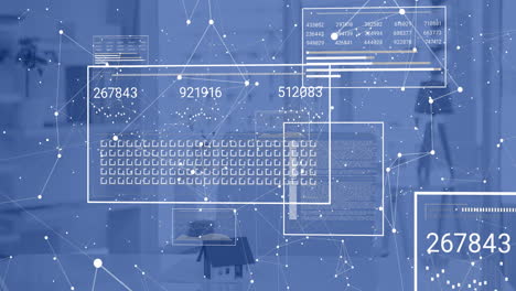 animation of data processing and network of connections over office desk with house model