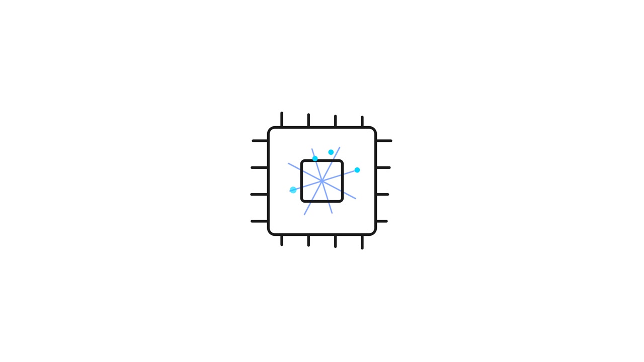 Animeret mikrochip-ikon med roterende datapunkter