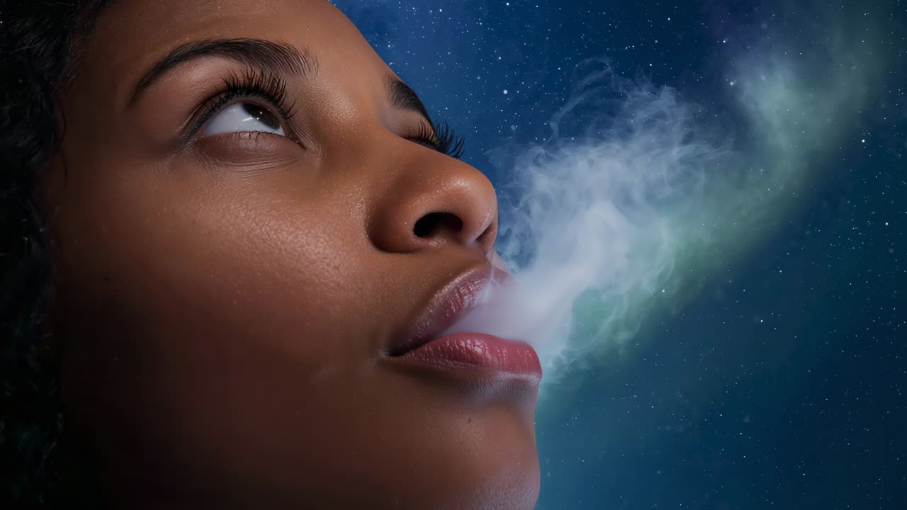 Responding to cold night air, woman exhaling vapor under starry sky, watching drift across aurora