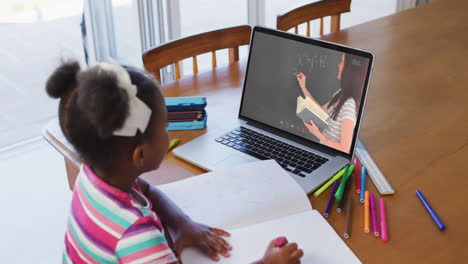 african american girl sitting at desk using laptop having online school lesson