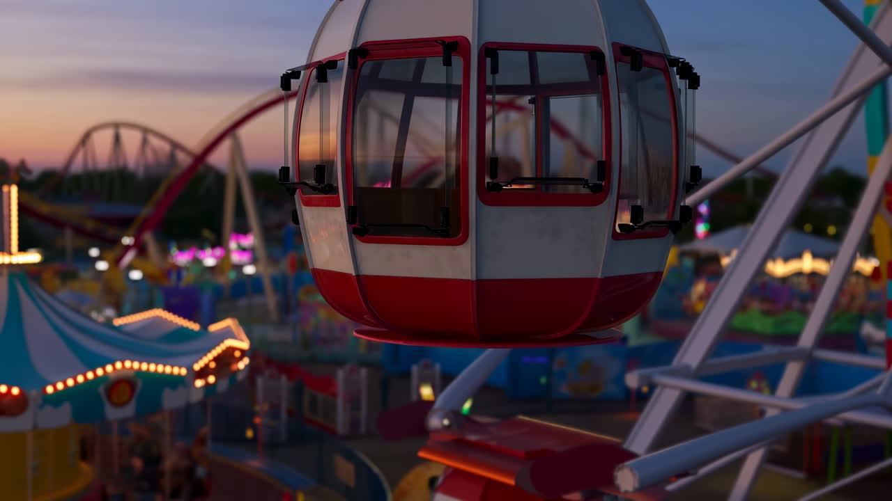 Dusk Ferris Wheel Cabin Closeup, Cinematic Goldenhour Glow And Blurred Carnival Lights, Empty Glass Gondola