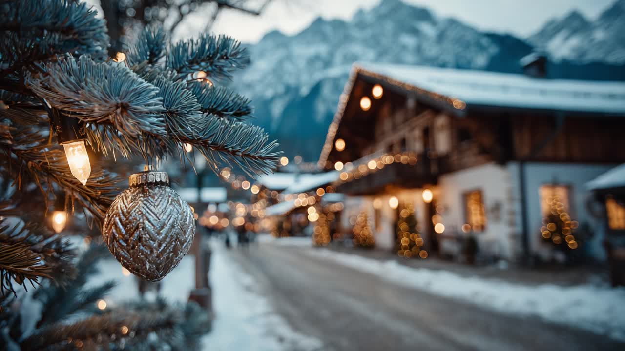 A Serene Winter Scene Captured During the Holiday Season, Showcasing a Beautifully Decorated Street with Glimmering Lights and Snow-capped Mountains in the Background