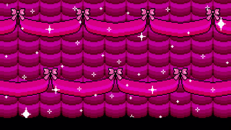 pixel art pink curtains with bows and sparkles background