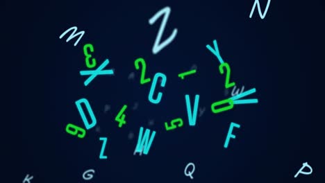 animación de números y letras que cambian sobre un fondo azul