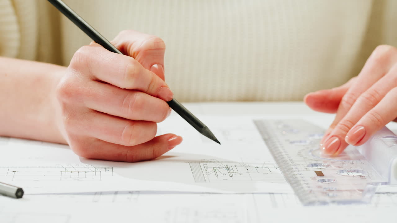 A person's hands drawing with a pencil and ruler on architectural blueprints