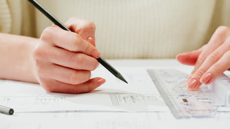 a person's hands drawing with a pencil and ruler on architectural blueprints