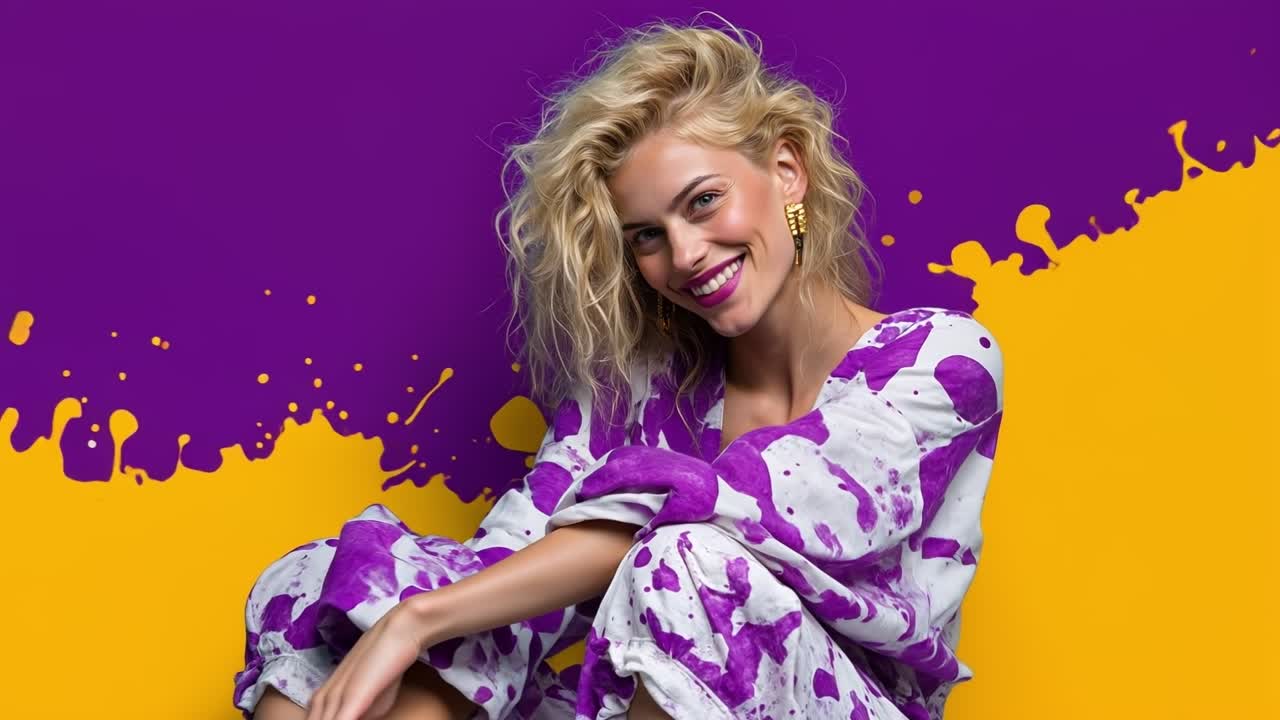 Donna bionda elegante che posa con un abito colorato su sfondo viola con schizzi di vernice gialla astratti.