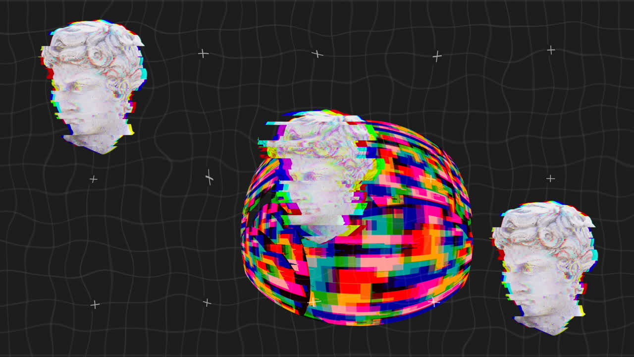 검은색 배경에 다채로운 모양의 고대 머리 조각의 애니메이션