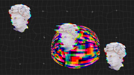 animación de esculturas de cabezas antiguas sobre formas multicolores sobre fondo negro.
