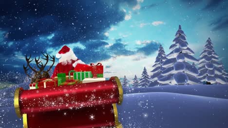 Animation-of-santa-claus-in-sleigh-with-christmas-gifts-and-snow-falling-in-winter-landscape