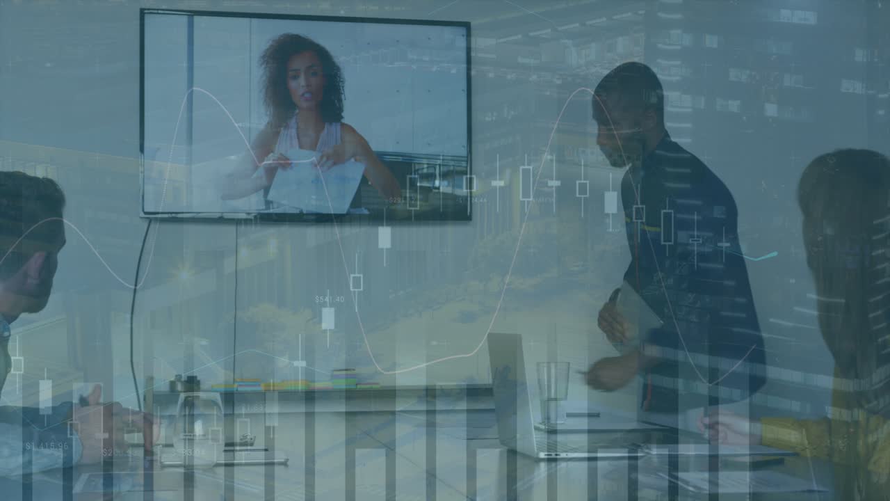 Animation of data processing over diverse business people using phone headsets