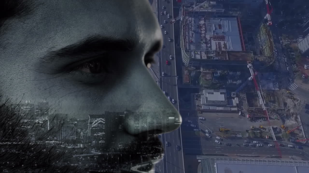 Blending animation, man's face with cityscape and busy roads in background