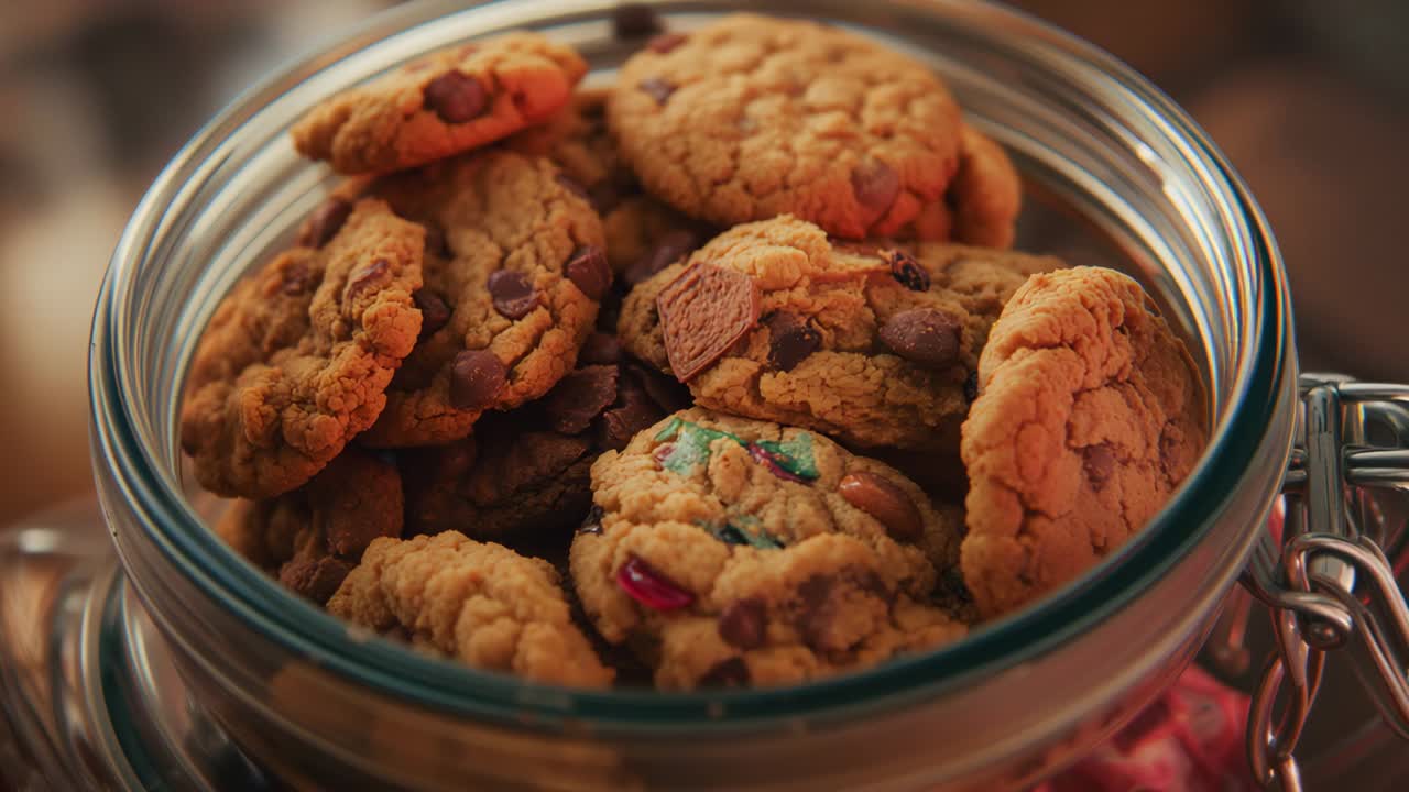 Zooming camera circling jar with metal clasp on counter, revealing chocolate chip candy cookies