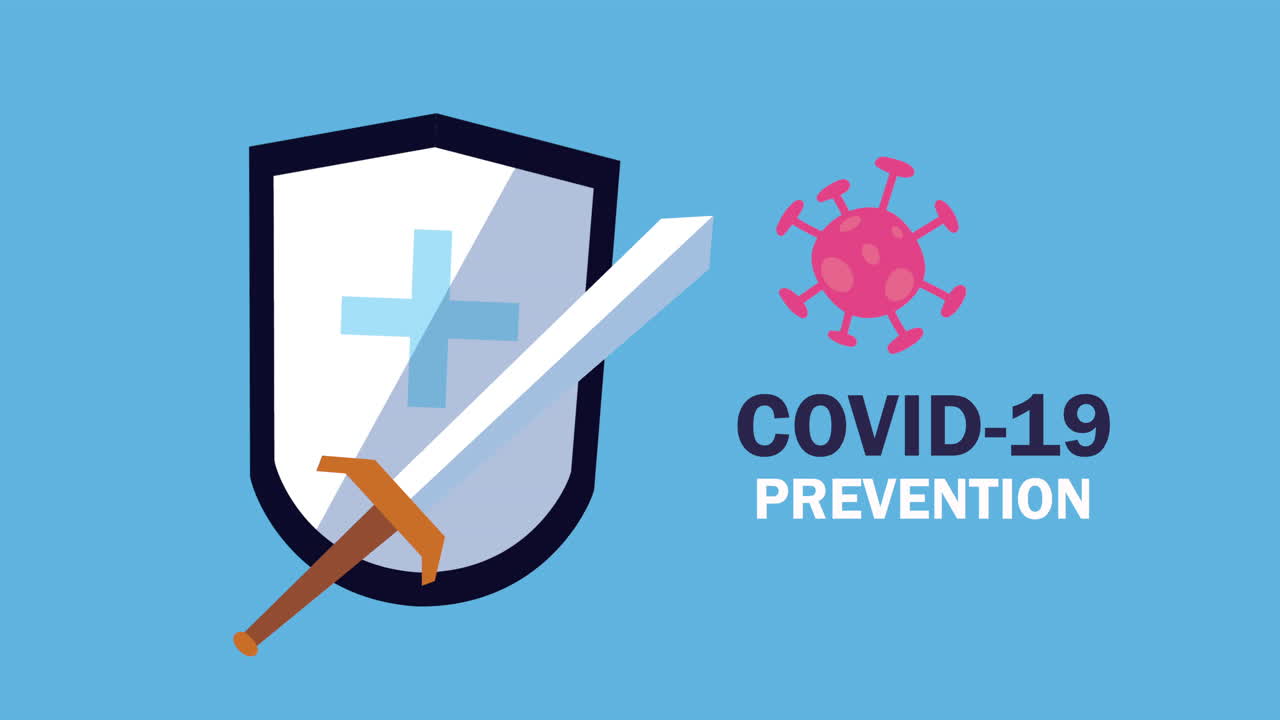 animación de prevención de covid-19 con escudo y espada