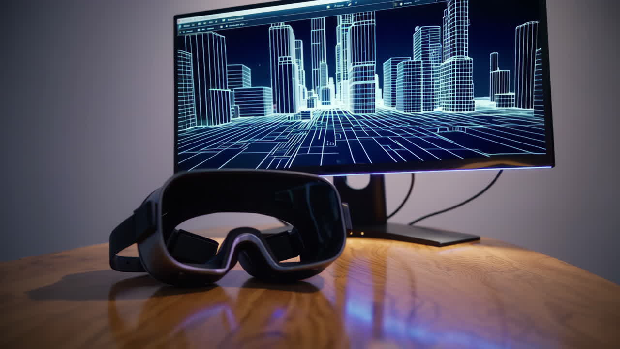 VR Headset and Computer Display Showing 3D City Model
