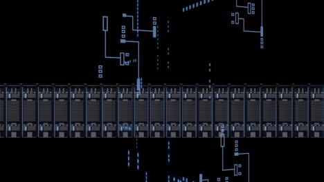 animation of digital data processing and circuit board over computer servers