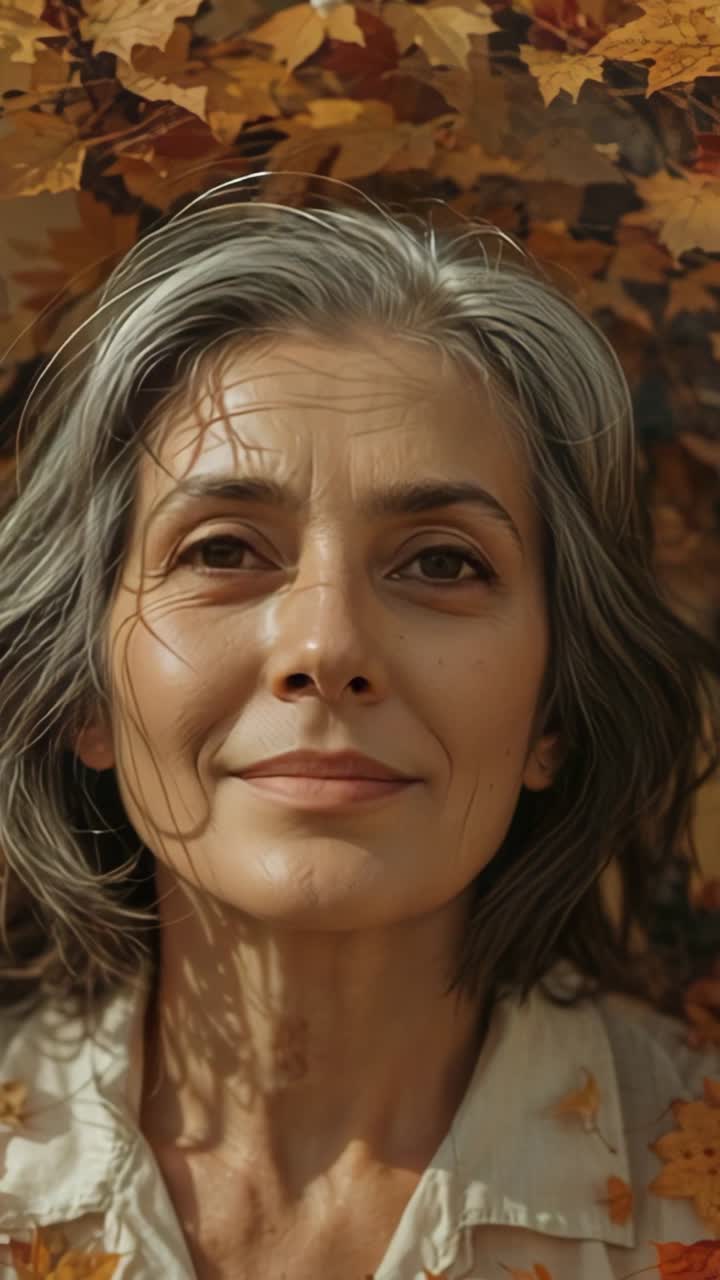 Vertical video: Blinking Senior woman opening eyes among autumn leaves as shadows dance across face