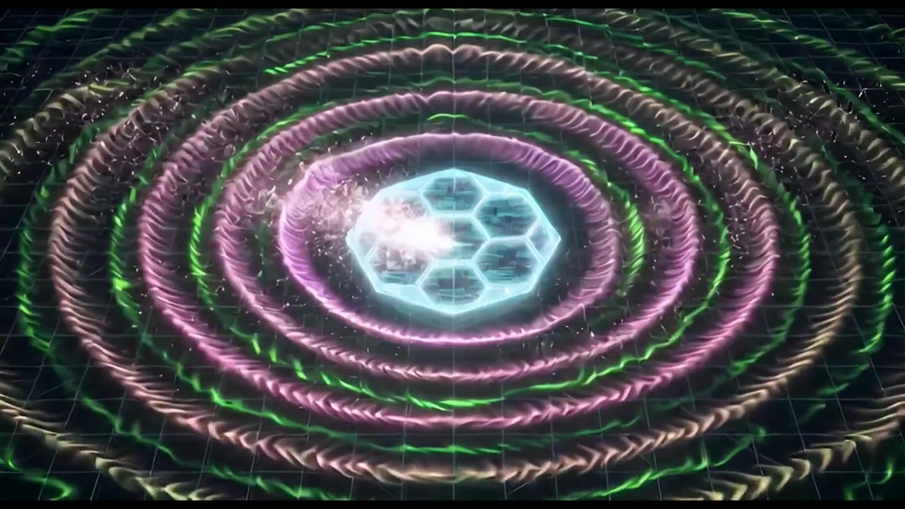 Struttura esagonale futuristica che emette onde energetiche pulsanti.