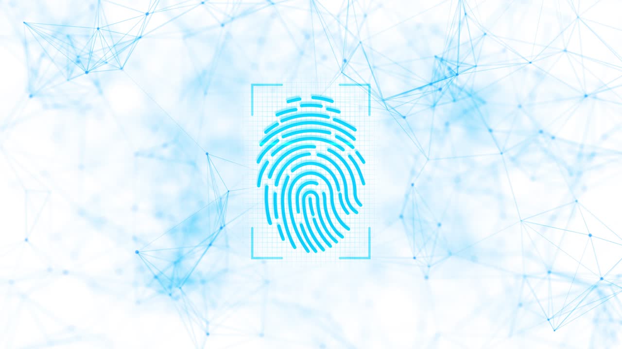 Cyber security identity verification large glowing blue finger print on chip sensor digital