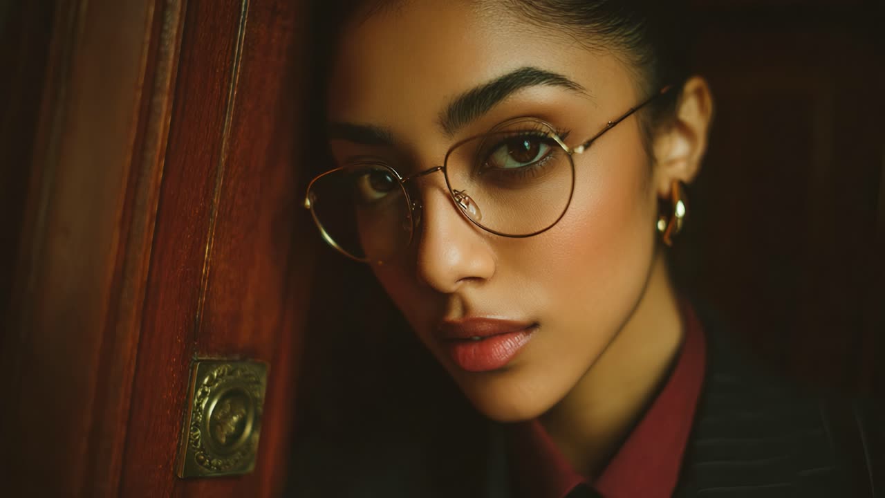 Close-up Portrait of a Stylish Young Woman with Glasses, Exuding Confidence and Charm Against a Richly Textured Wood Background in a Captivating Moment