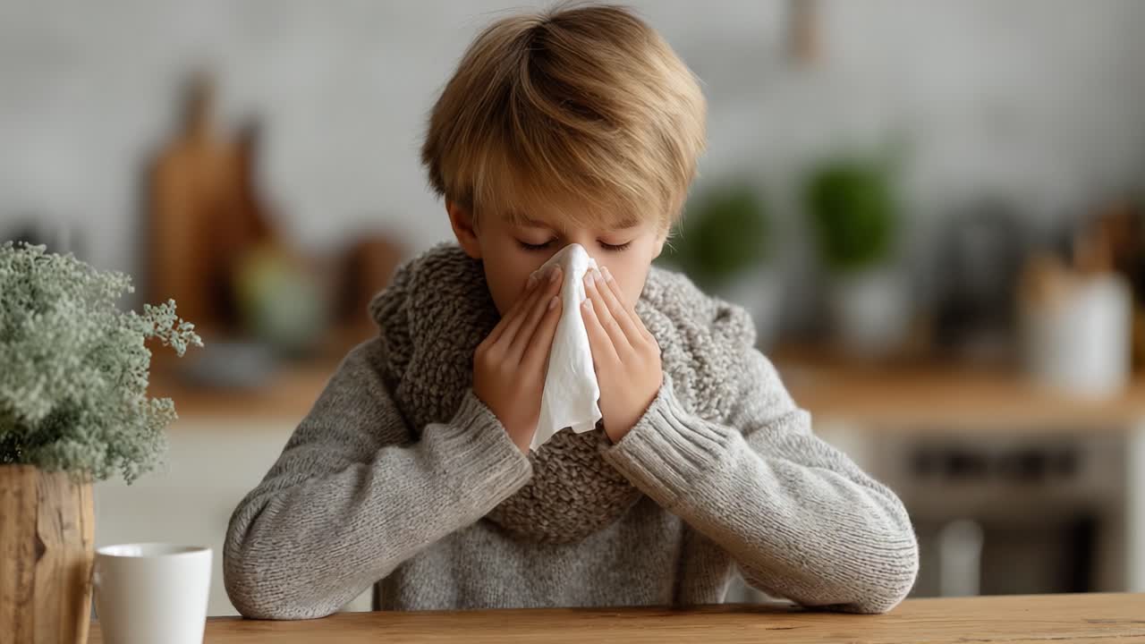 A young child sitting at a kitchen table experiences discomfort while using a tissue to wipe their nose in a cozy setting, showcasing the struggles of a cold or allergy season