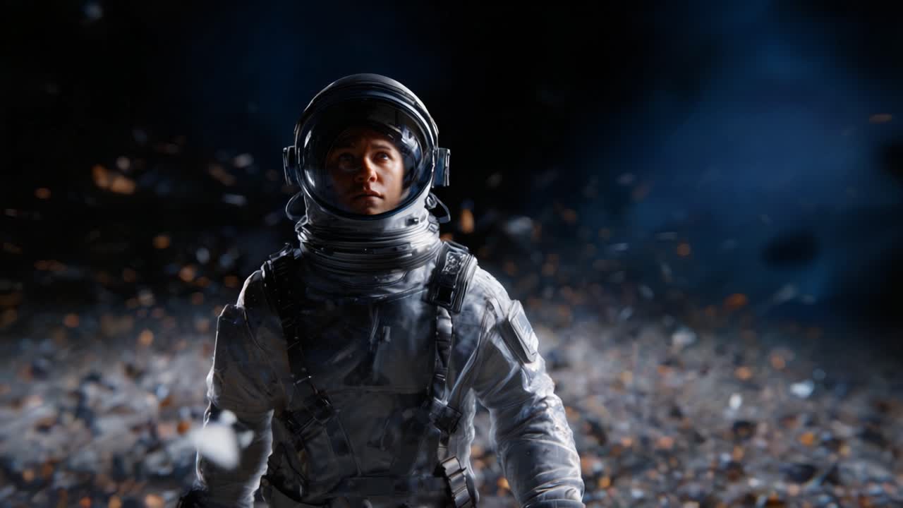 En astronaut står i en hvirvlende hvirvelstrøm af murbrokker, der skildrer isolationen og skønheden ved rumudforskning midt i et kosmisk miljø fyldt med partikler