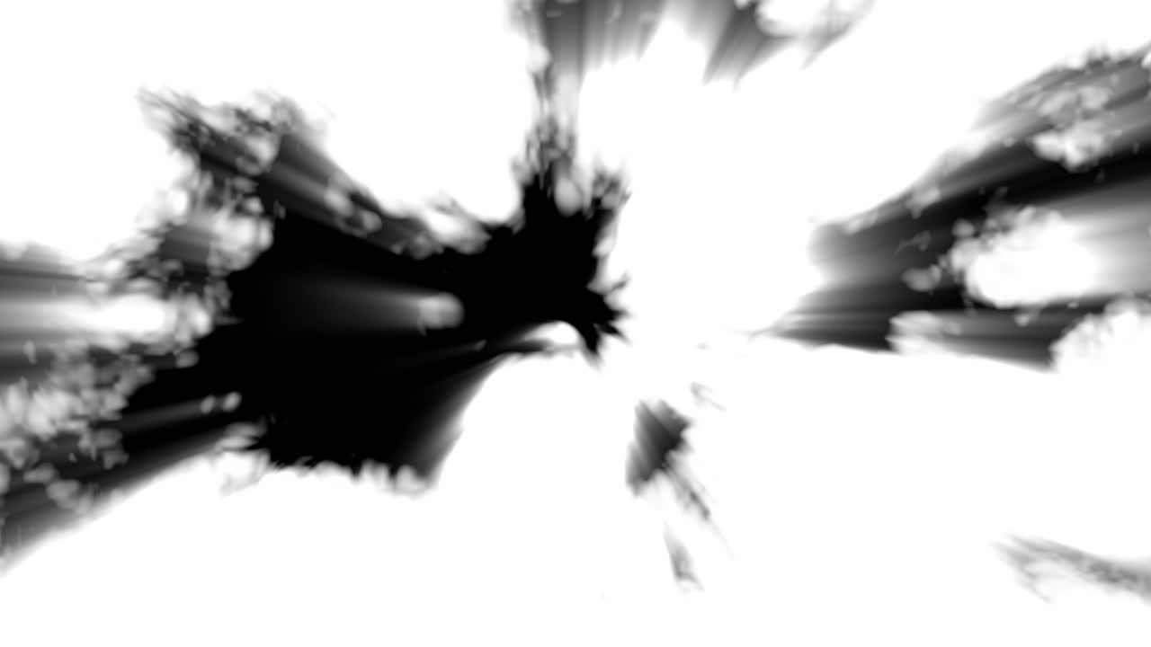 Raggi di luce intensa e astratta che brillano su sfondo bianco con forme nere contrastanti che si trasformano creando diversi modelli