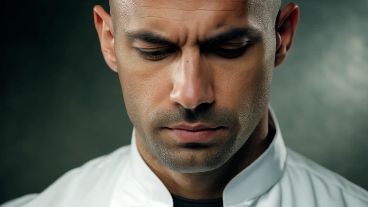 el retrato de un chef serio.