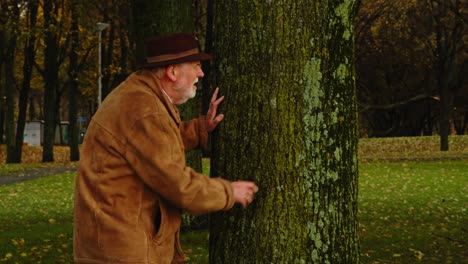 Privatdetektiv-Versteckt-Sich-Hinter-Einem-Baum-Und-Schaut-Jemanden-Außerhalb-Des-Bildschirms-An