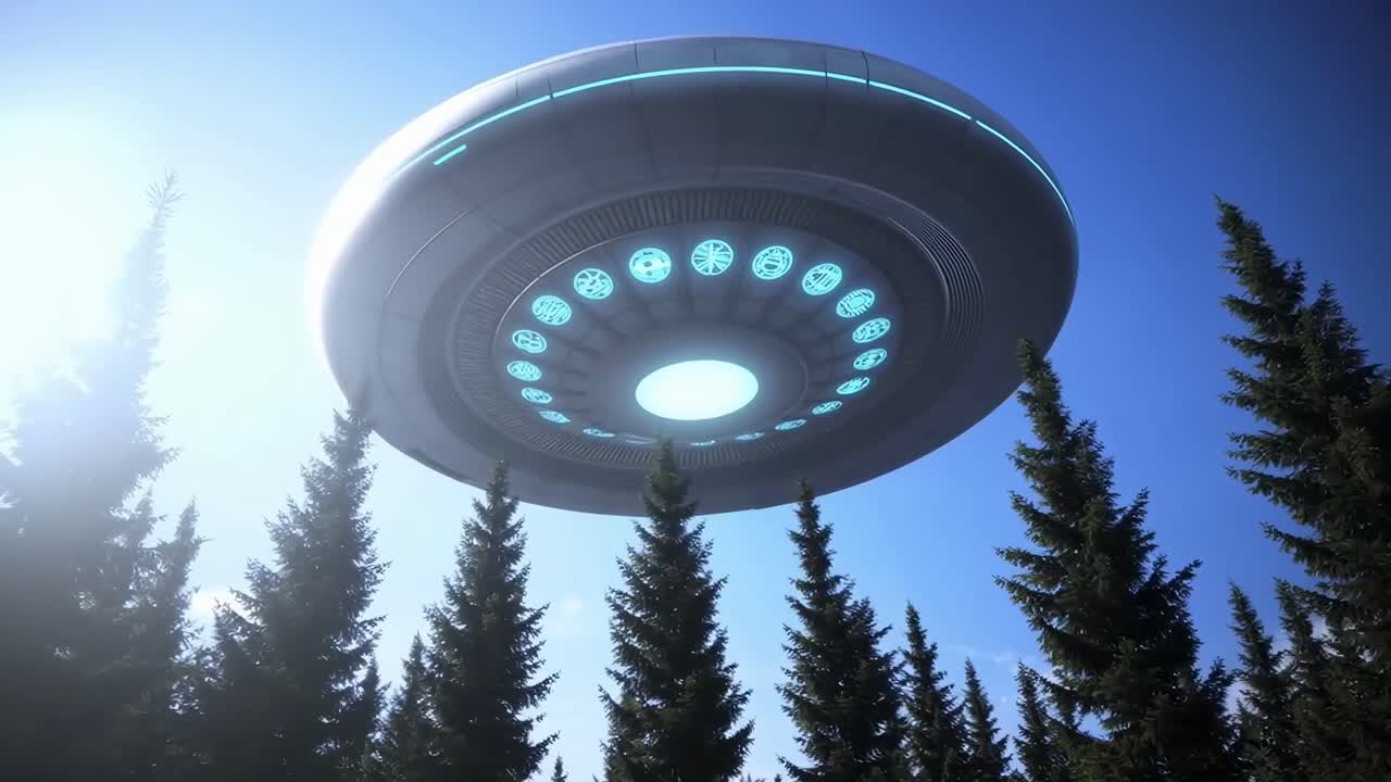 Aerial view of a futuristic UFO hovering over trees, capturing a sci-fi video scene
