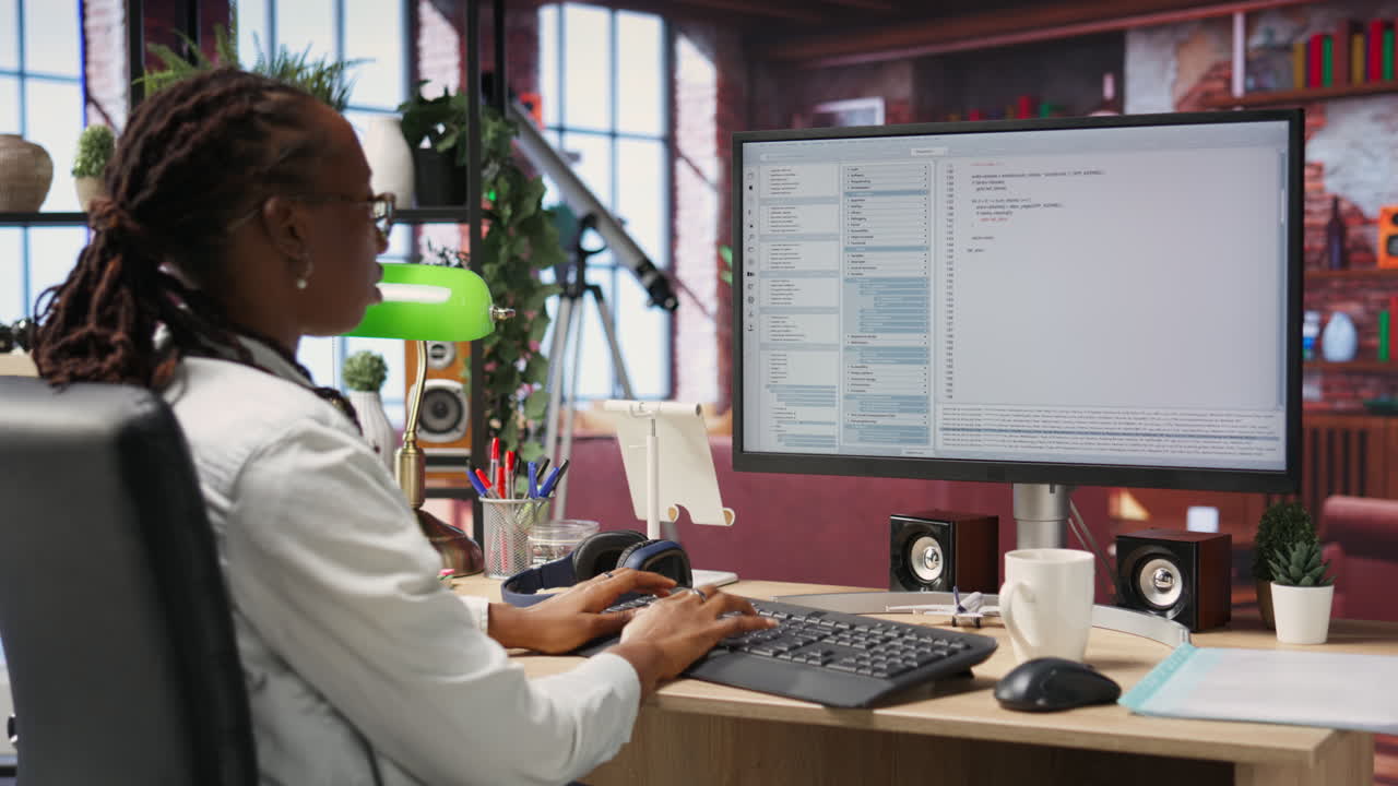 Programmer at computer desk coding, creating software