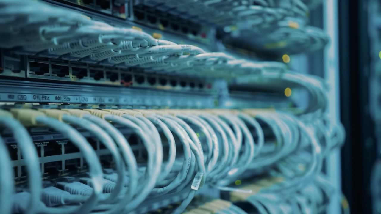 Detailed view of a data center filled with advanced networking equipment. Multiple cables connect servers, while lights indicate activity, highlighting the complexity of modern data handling.