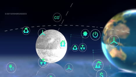 animación de procesamiento de iconos eco digitales sobre el globo y la luna