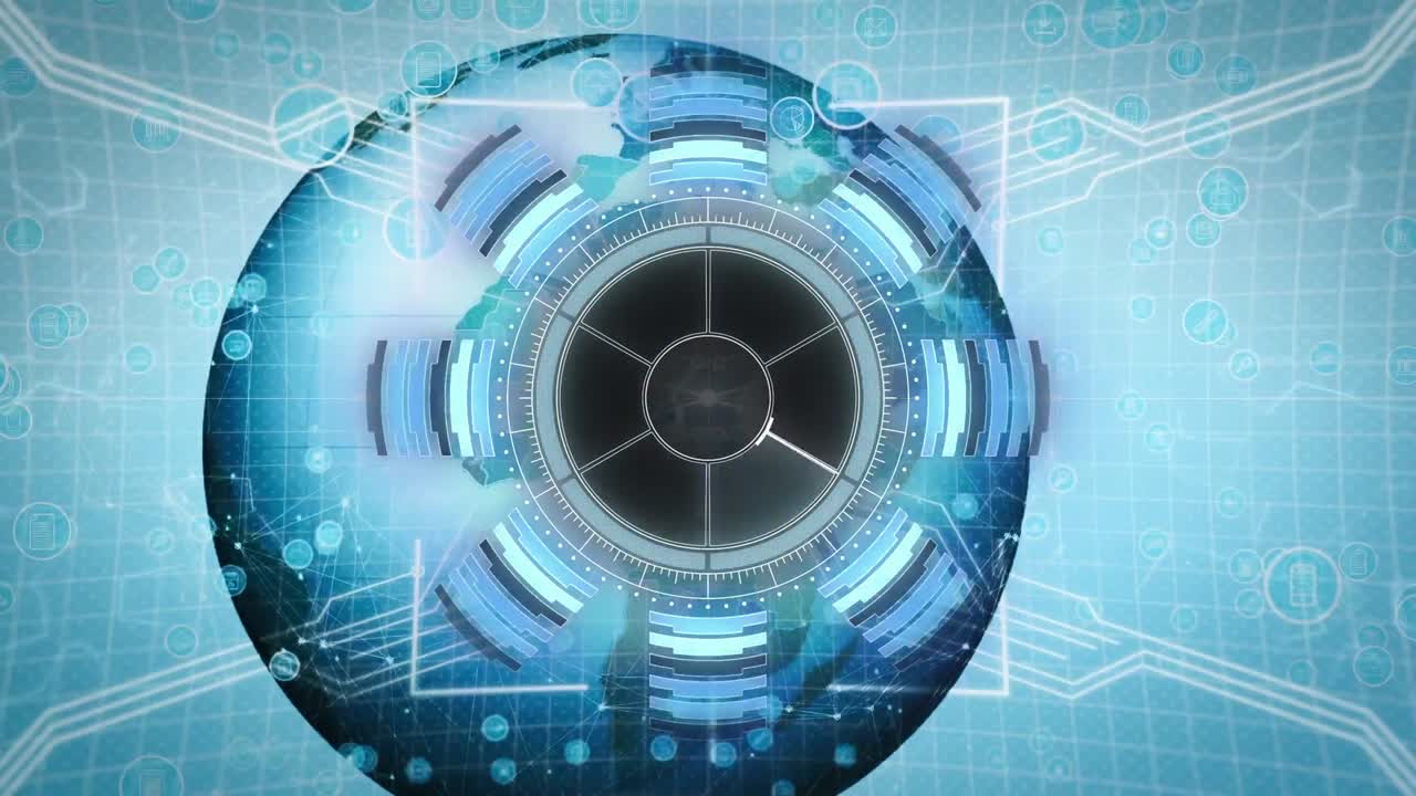 전 세계와 미디어 아이콘에 대한 범위 스캐닝의 애니메이션