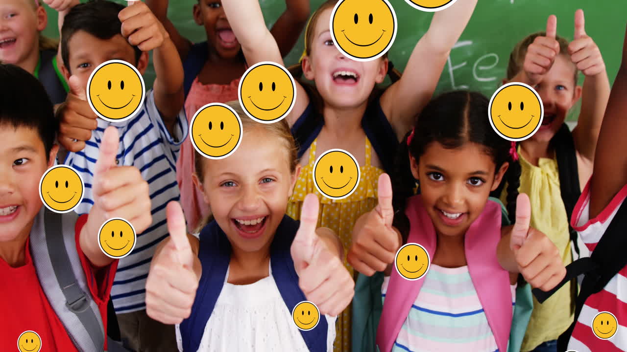Animation of falling icons over diverse school children with thumbs up in class at school