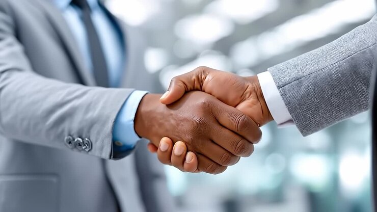 Due uomini si stringono la mano davanti a una finestra