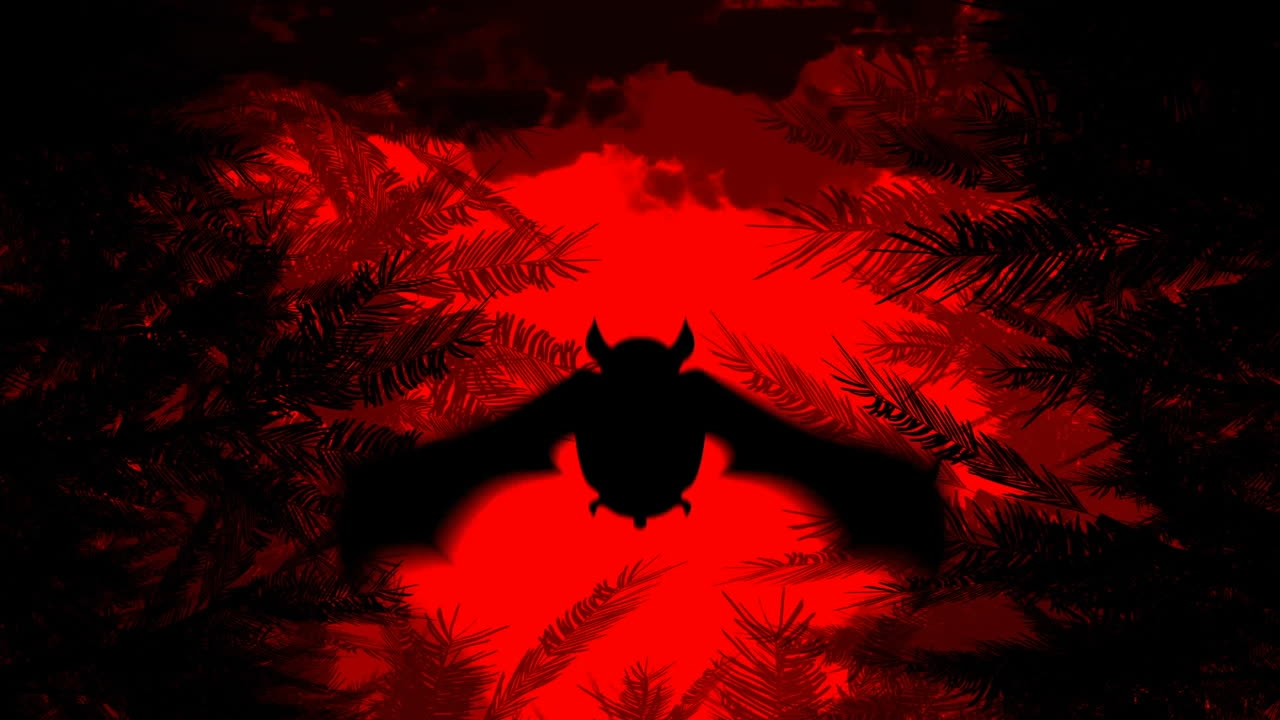 Animazione di un pipistrello con le ali che sbattono su sfondo rosso.