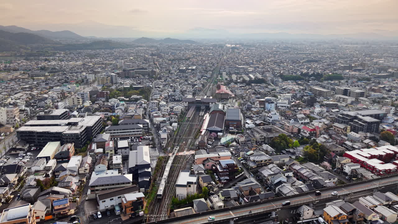 Aerial drone view of the Arashiyama train station in Japan