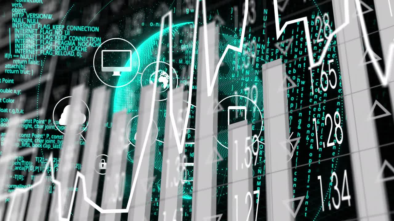 Animation of data processing over globe with icons