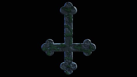 high quality dramatic motion graphic of an ornate satanic inverted crucifix icon symbol, rapidly eroding and cracking and sprouting moss and weeds, on a plain black background