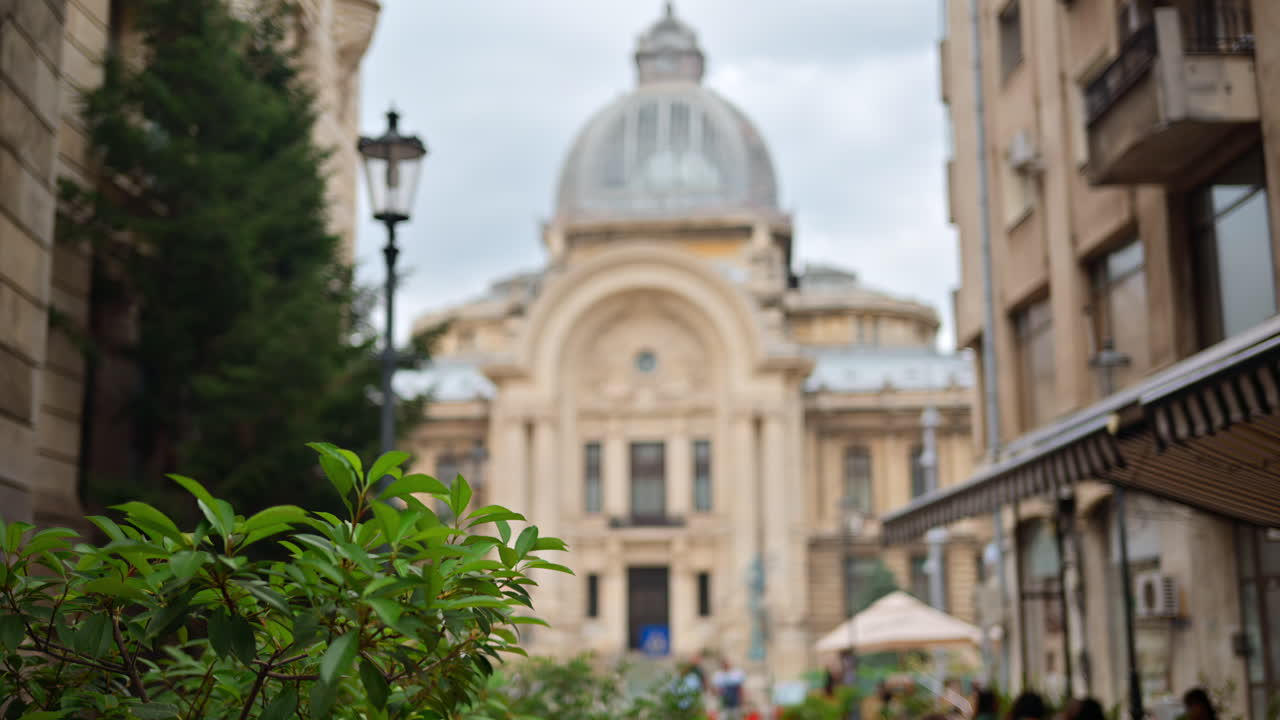 Street view of the Palace of the Deposits and Consignments in Bucharest, Romania