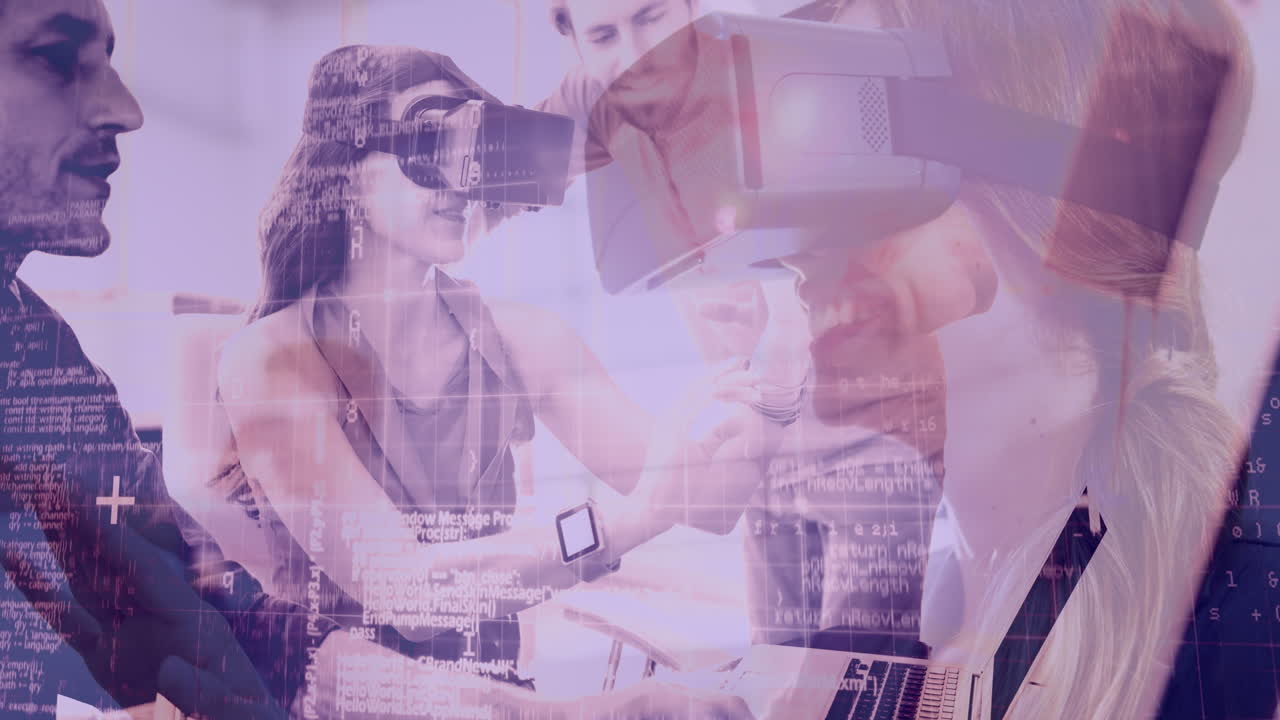 composición científica mujer usando realidad aumentada combinada con una foto de tres perso