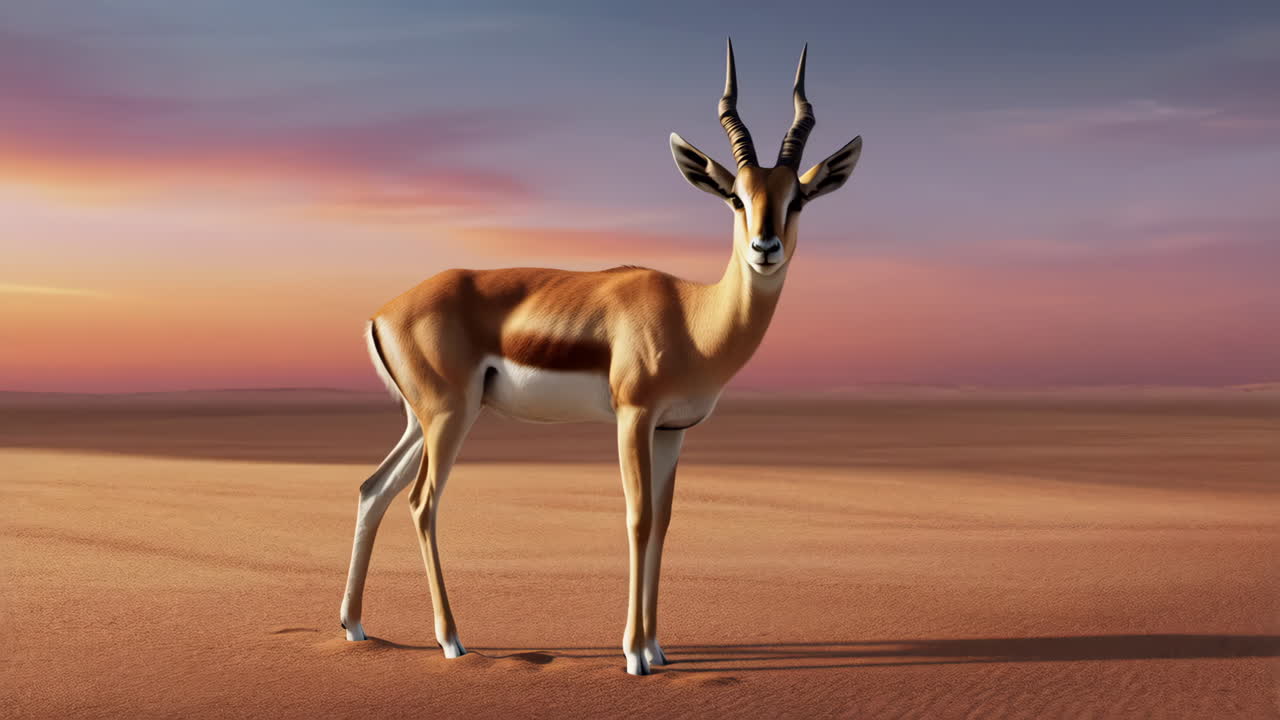 A gazelle stands in a vast sandy desert at sunset